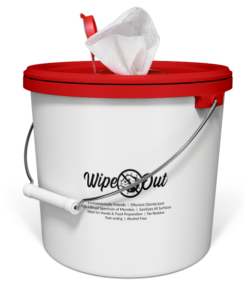 Disinfecting hand wipes in a bucket containing 500 wipes